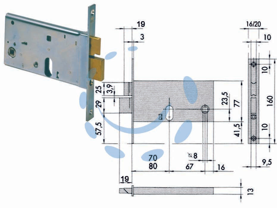 Serratura da infilare per fasce catenaccio e scrocco mm.77 h 44460 - mm.70 con frontale mm.16 (44460700) - scatola e frontale in acciaio con rivestimento in zinco, 2 mandate, catenaccio e scrocco separato in ottone, con quadro manig...