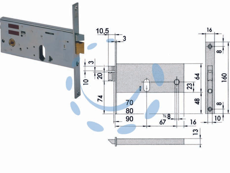 Elettroserratura da infilare per fasce mm.64 h 14510 - mm.70 (14510700) - scatola e frontale in acciaio con rivestimento in zinco, catenaccio, scrocco incorporato in ottone, solo scrocco autobloccant...