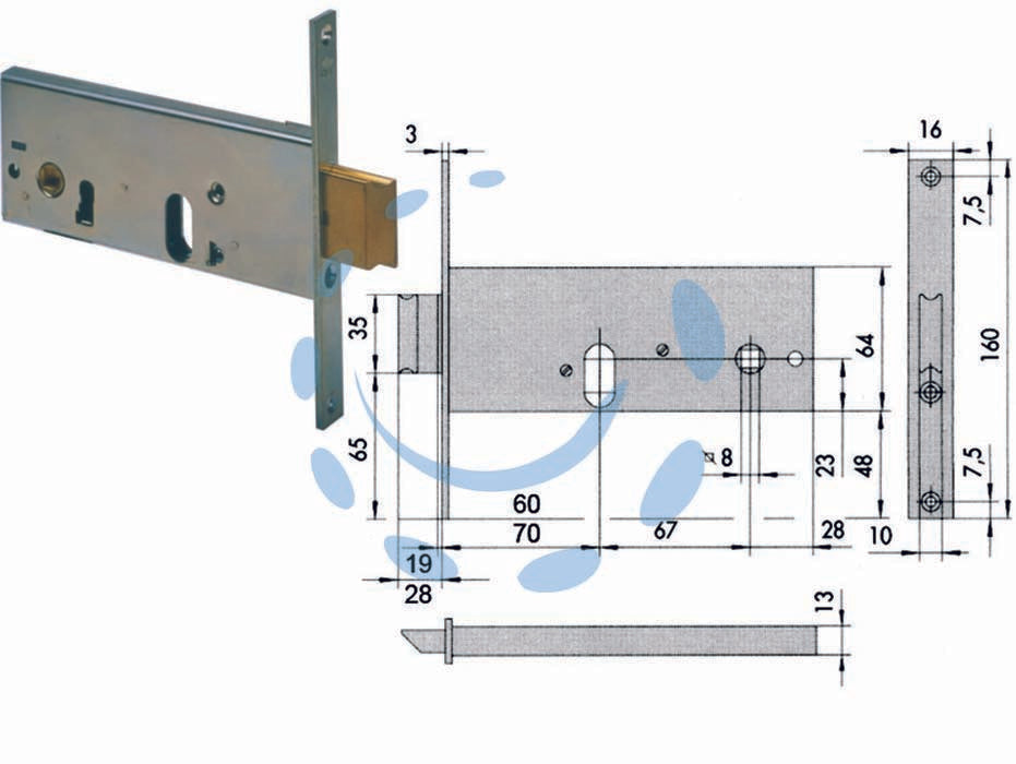 Serratura da infilare per fasce catenaccio e scrocco mm.64 h 44155 - mm.60 una mandata (44155600) - scatola e frontale in acciaio con rivestimento in zinco, scrocco con catenaccio incorporato in ottone, con quadro maniglia da...