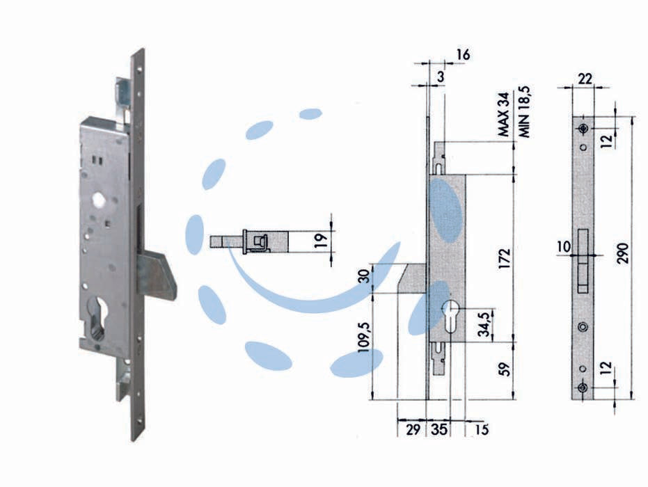 Serratura triplice da infilare per montanti e persiane s/scrocco 46220 - mm.25 (46220250) - scatola in acciaio con rivestimento in zinco, frontale in acciaio inox, solo catenaccio basculante in ottone, coppia borchie ...