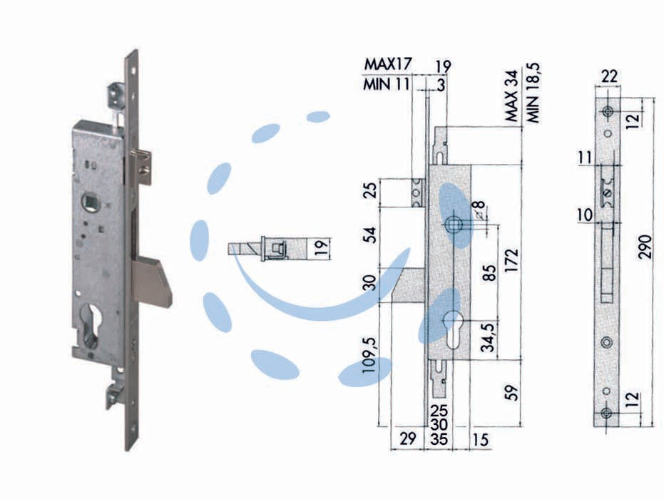 Serratura triplice da infilare per montanti con quadro e scrocco 46225 - mm.25 (46225250) - scatola in acciaio con rivestimento in zinco, frontale in acciaio inox, catenaccio basculante e scrocco in ottone, scrocco re...