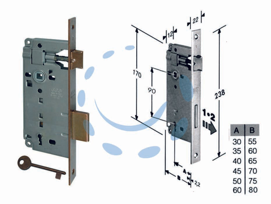 Serratura a bussola da infilare bordo quadro bronzato - mm.30 bordo acciaio bronzato (B.00592.30.02) - scatola in acciaio lucido, quadro maniglia mm.8 dotazione 1 chiave, interasse mm.90, frontale bordo quadro mm.22
