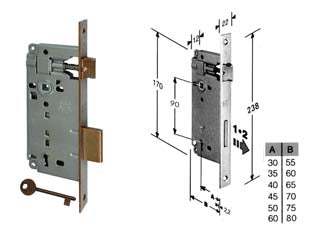 Serratura a bussola da infilare bordo quadro bronzato - mm.50 bordo acciaio bronzato (B.00592.50.02) - scatola in acciaio lucido, quadro maniglia mm.8 dotazione 1 chiave, interasse mm.90, frontale bordo quadro mm.22