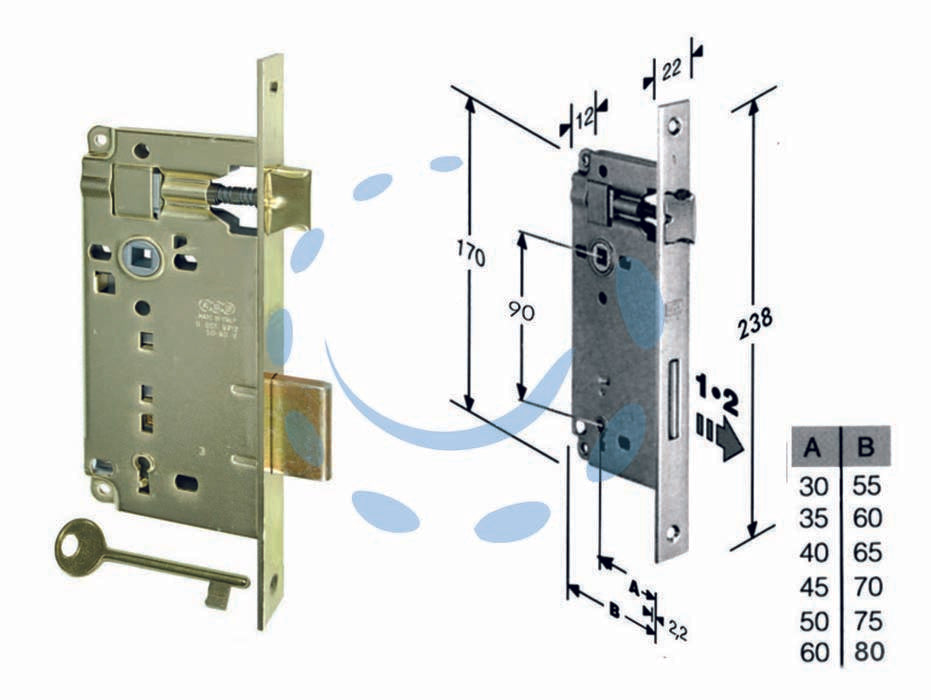 Serratura a bussola da infilare bordo quadro ottonato - mm.30 bordo acc.ottonato verniciato (592.30.03) - scatola in acciaio lucido, quadro maniglia mm.8 dotazione 1 chiave, interasse mm.90, frontale bordo quadro mm.22