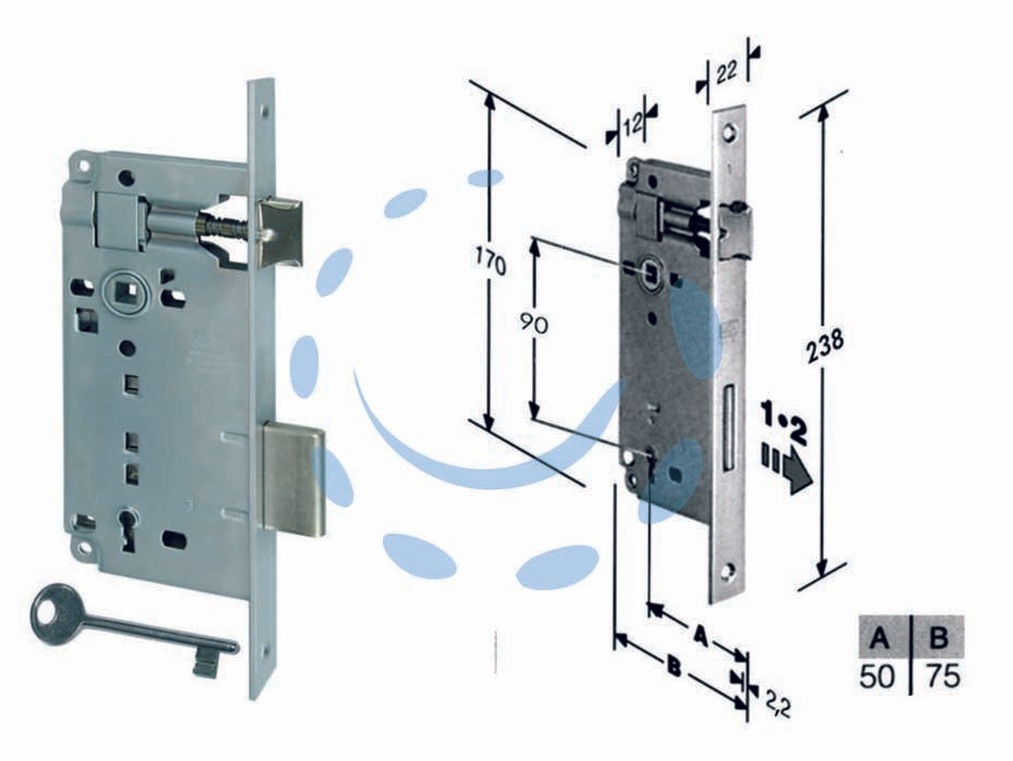 Serratura a bussola da infilare bordo quadro cromo satinato - mm.50 bordo acciaio cromato satinato (592.50.34) - scatola in acciaio lucido, quadro maniglia mm.8 dotazione 1 chiave, interasse mm.90, frontale bordo quadro mm.22