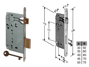 Serratura a bussola da infilare bordo tondo bronzato - mm.30 bordo acciaio bronzato (591.30.02) - scatola in acciaio lucido, quadro maniglia mm.8 dotazione 1 chiave, interasse mm.90, frontale bordo tondo mm.22