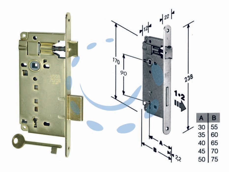 Serratura a bussola da infilare bordo tondo ottonato - mm.50 bordo acciaio ottonato (591.50.03) - scatola in acciaio lucido, quadro maniglia mm.8 dotazione 1 chiave, interasse mm.90, frontale bordo tondo mm.22