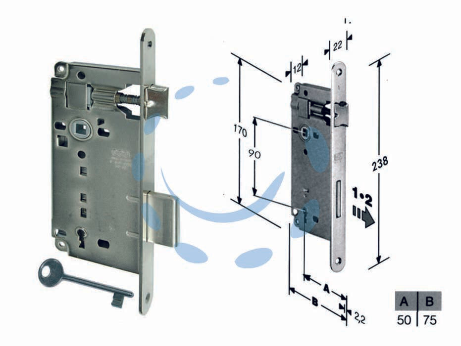 Serratura a bussola da infilare bordo tondo nichelato - mm.50 bordo acciaio nichelato (B.00591.50.06) - scatola in acciaio lucido, quadro maniglia mm.8 dotazione 1 chiave, interasse mm.90, frontale bordo tondo mm.22