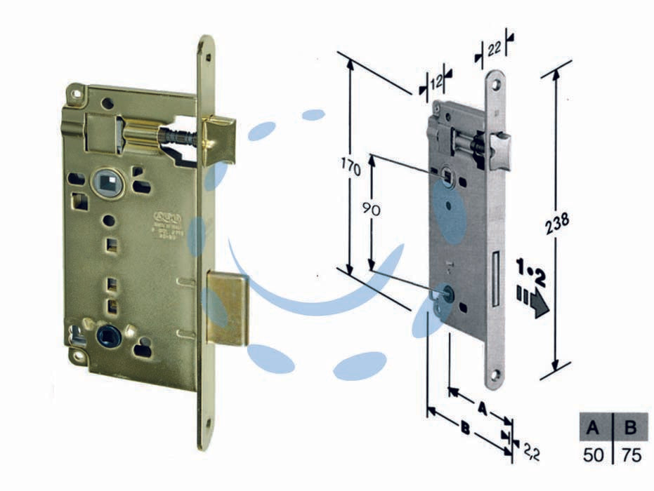Serratura a bussola infilare bordo tondo ott. con apertura emergenza - mm.50 bordo acc.ottonato vernic. (B.00595.50.03) - scatola in acciaio lucido, quadro maniglia mm.8 e quadro maniglia emergenza mm.6 (funzionante con catenacci libero/occupato c...
