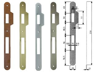 Contropiastra con aletta per serratura patent a bussola bordo tondo - acciaio bronzato (B.00590.11.02) - interasse mm.90 per serrature da mm.30-35-40-45-50-60 con frontale da mm.238h. con aletta sagomata mm.22