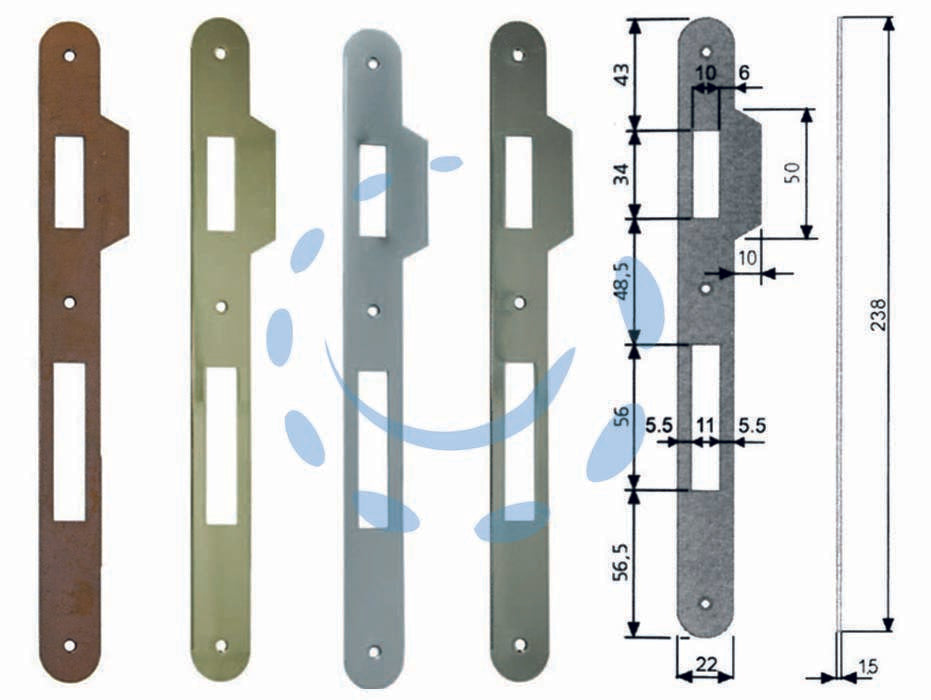 Contropiastra con aletta per serratura patent a bussola bordo tondo - acciaio bronzato (B.00590.11.02) - interasse mm.90 per serrature da mm.30-35-40-45-50-60 con frontale da mm.238h. con aletta sagomata mm.22