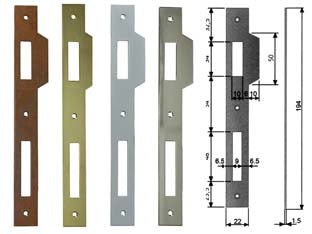 Contropiastra con aletta per serratura patent a bussola bordo quadro - acciaio cromato satinato (B.00590.05.34) - interasse mm.90 per serrature da mm.30-35-40-45-50-60 con frontale da mm.194h. con aletta sagomata mm.22