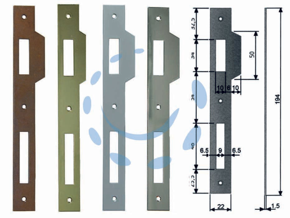 Contropiastra con aletta per serratura patent a bussola bordo quadro - acciaio nichelato (B.00590.05.06) - interasse mm.90 per serrature da mm.30-35-40-45-50-60 con frontale da mm.194h. con aletta sagomata mm.22