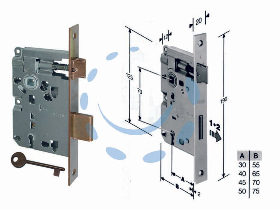 Serratura a bussola ridotta da infilare bordo quadro bronzato - mm.35 bordo acciaio bronzato (B.00572.35.02) - scatola in acciaio lucido, quadro maniglia mm.8 dotazione 1 chiave, interasse mm.70, frontale bordo quadro mm.20