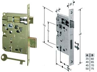 Serratura a bussola ridotta da infilare bordo quadro ottonato - mm.35 bordo acc.ottonato verniciato (572.35.03) - scatola in acciaio lucido, quadro maniglia mm.8 dotazione 1 chiave, interasse mm.70, frontale bordo quadro mm.20