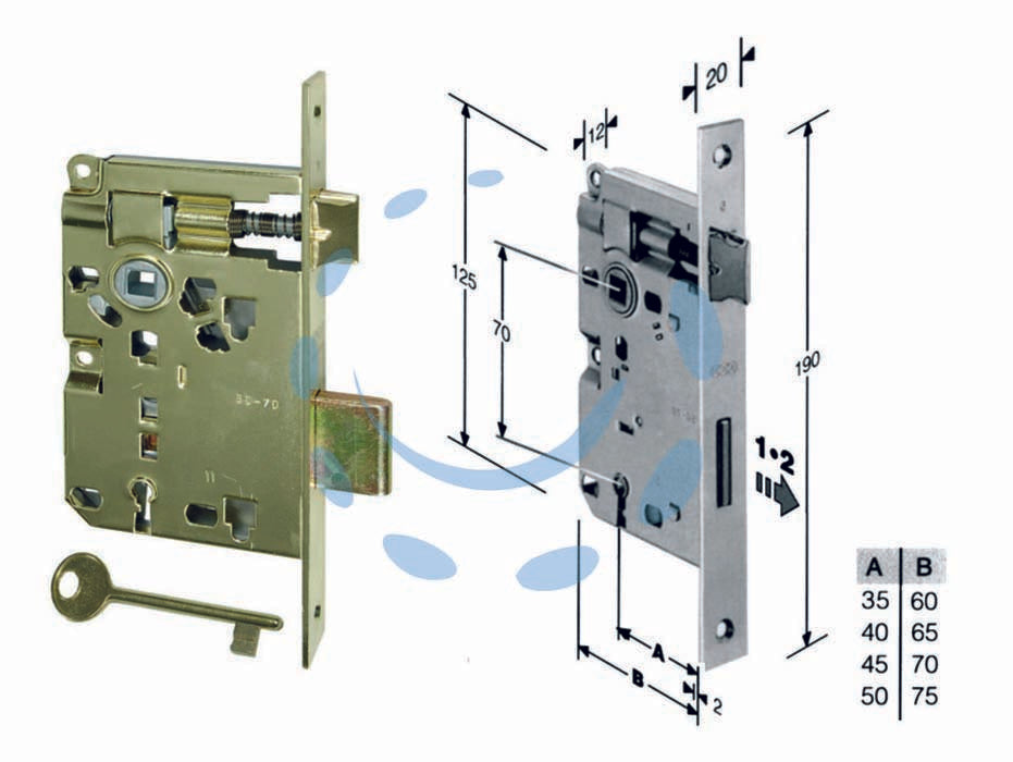 Serratura a bussola ridotta da infilare bordo quadro ottonato - mm.35 bordo acc.ottonato verniciato (572.35.03) - scatola in acciaio lucido, quadro maniglia mm.8 dotazione 1 chiave, interasse mm.70, frontale bordo quadro mm.20