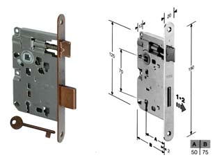 Serratura a bussola ridotta da infilare bordo tondo bronzato - mm.50 bordo acciaio bronzato (B.00571.50.02) - scatola in acciaio lucido, quadro maniglia mm.8 dotazione 1 chiave, interasse mm.70, frontale bordo tondo mm.20