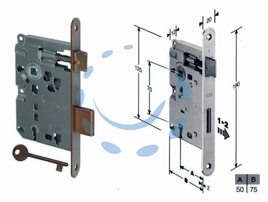 Serratura a bussola ridotta da infilare bordo tondo bronzato - mm.50 bordo acciaio bronzato (B.00571.50.02) - scatola in acciaio lucido, quadro maniglia mm.8 dotazione 1 chiave, interasse mm.70, frontale bordo tondo mm.20