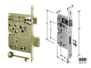 Serratura a bussola ridotta da infilare bordo tondo ottonato - mm.50 bordo acc.ottonato verniciato (571.50.03) - scatola in acciaio lucido, quadro maniglia mm.8 dotazione 1 chiave, interasse mm.70, frontale bordo tondo mm.20