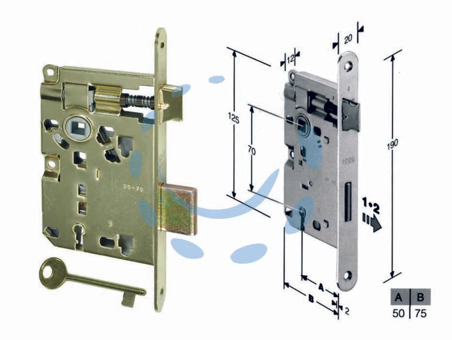 Serratura a bussola ridotta da infilare bordo tondo ottonato - mm.50 bordo acc.ottonato verniciato (571.50.03) - scatola in acciaio lucido, quadro maniglia mm.8 dotazione 1 chiave, interasse mm.70, frontale bordo tondo mm.20