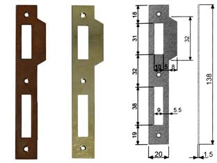 Contropiastra ridotta con aletta per serratura a bussola bordo quadro - acciaio bronzato (B.00570.05.02) - interasse mm.70 per serrature da mm.30-35-40-45-50-60 con frontale da mm.138h., con aletta sagomata mm.20