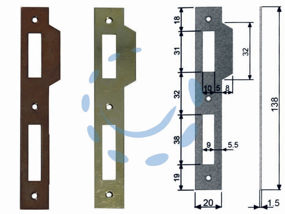 Contropiastra ridotta con aletta per serratura a bussola bordo quadro - acciaio bronzato (B.00570.05.02) - interasse mm.70 per serrature da mm.30-35-40-45-50-60 con frontale da mm.138h., con aletta sagomata mm.20