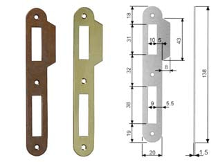 Contropiastra ridotta con aletta per serratura a bussola bordo tondo - acciaio bronzato (B.00570.09.02) - interasse mm.70 per serrature da mm.30-35-40-45-50-60 con frontale da mm.138h., con aletta sagomata mm.20