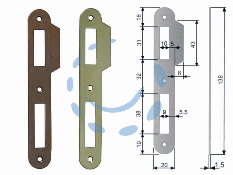 Contropiastra ridotta con aletta per serratura a bussola bordo tondo - acciaio bronzato (B.00570.09.02) - interasse mm.70 per serrature da mm.30-35-40-45-50-60 con frontale da mm.138h., con aletta sagomata mm.20