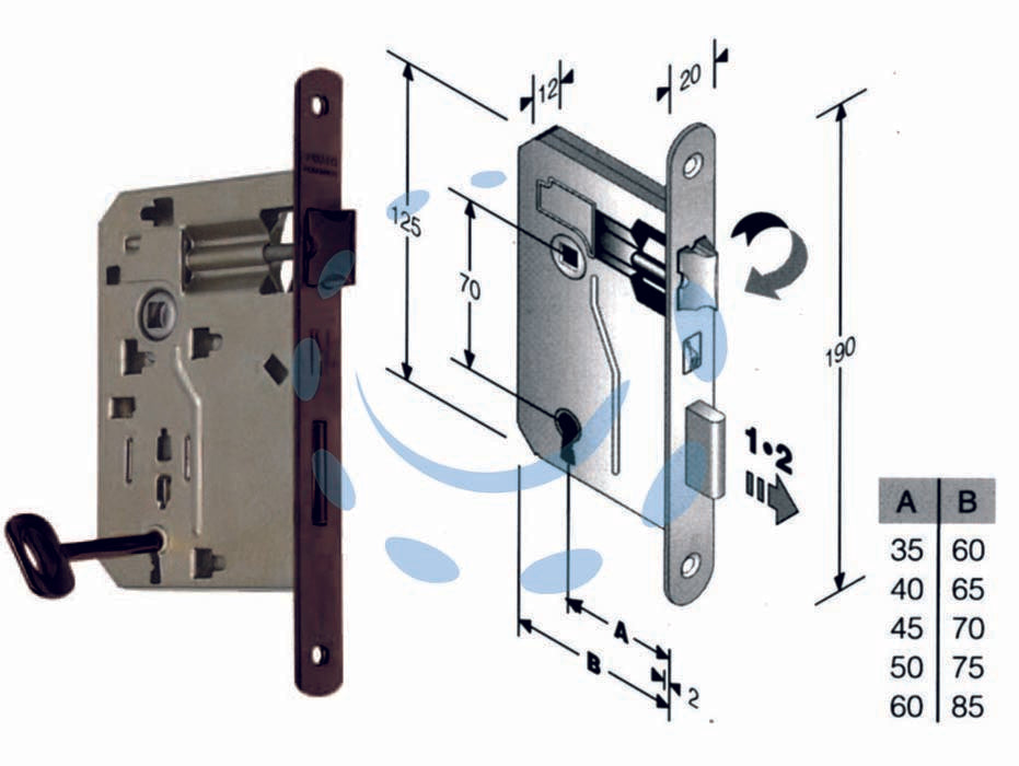 Serratura a bussola ridotta da infilare bordo tondo bronzato - mm.45 bordo acciaio bronzato - scatola in acciaio lucido, quadro maniglia mm.8 dotazione 1 chiave, interasse mm.70, frontale bordo tondo