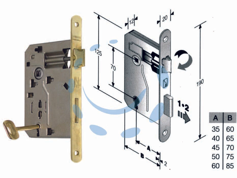 Serratura a bussola ridotta da infilare bordo tondo ottonato - mm.45 bordo tondo ferro ottonato - scatola in acciaio lucido, quadro maniglia mm.8 dotazione 1 chiave, interasse mm.70, frontale bordo tondo