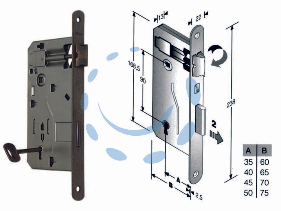 Serratura a bussola da infilare bordo tondo bronzato - mm.35 bordo acciaio bronzato - scatola in acciaio lucido, quadro maniglia mm.8 dotazione 1 chiave, interasse mm.90, frontale bordo tondo