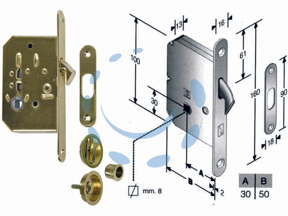 Serr. infil. porte scorrevoli a gancio rientrante b. tondo ott. luc. - mm.50 frontale e incontro ottone lucido - scatola in acciaio zincato, catenaccio a gancio rientrante, con quadro maniglia da mm.8 passante, funzionante con coppia mani...