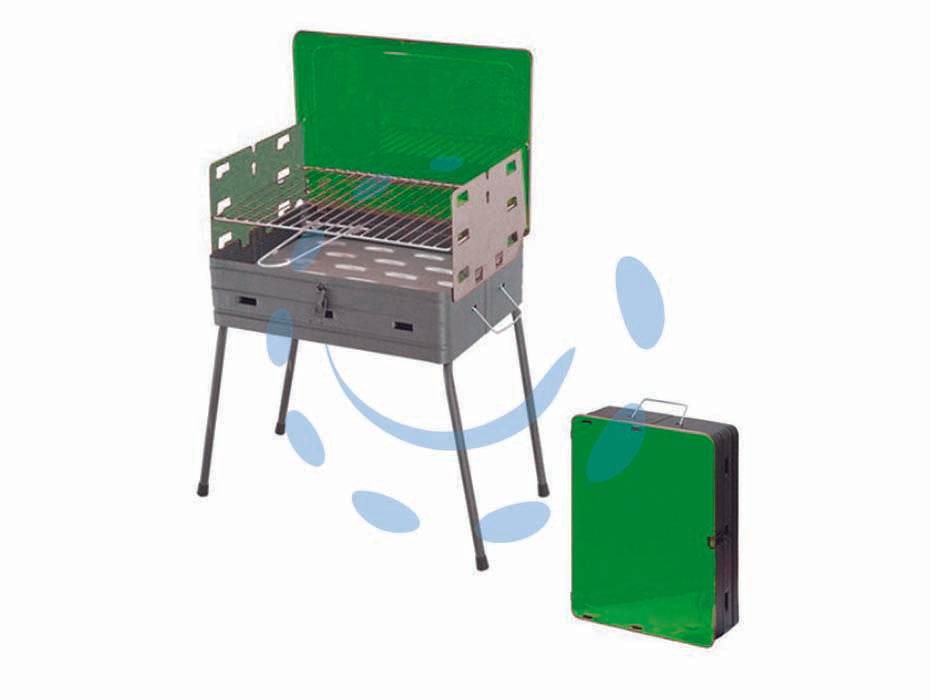 Barbecue rettangolare a valigetta scout - bracere cm.43x21x55h. - in ferro battuto verniciato nero con coperchio verde, griglia di cottura in acciaio cromato con maniglia regolabile in 3 posi...