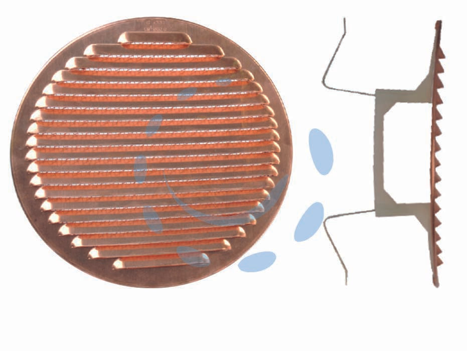 Griglia aerazione tonda con molla in rame - ø mm. 80/125 - griglia con retina anti insetti in rame , con molla, imballate singolarmente in blister, UNI EN 13141-2:2010