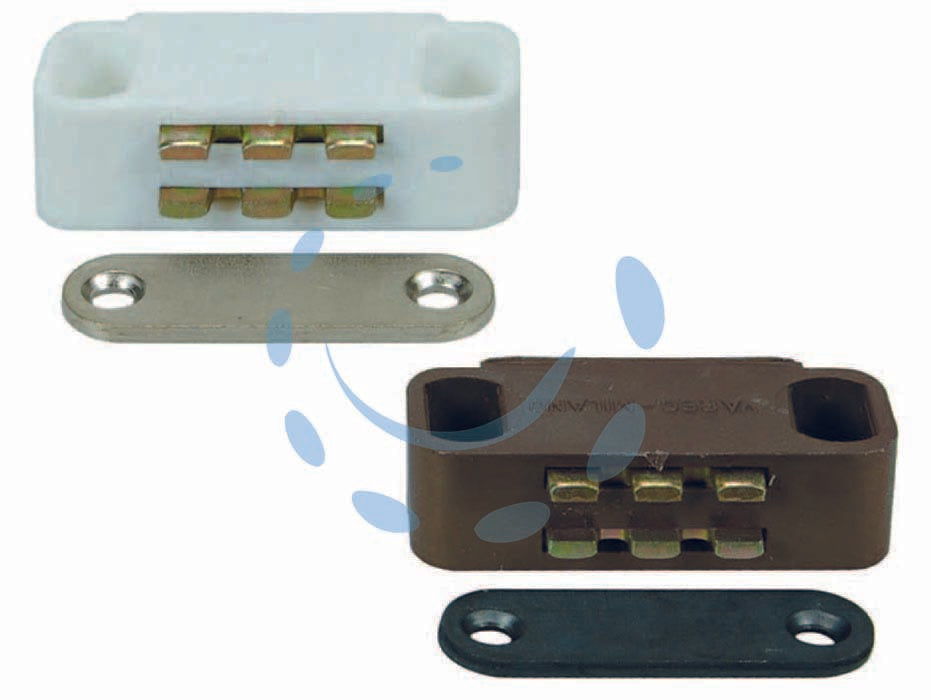 Cricchetti magnetici medi - mm.45x18x15h. attrazione Kg.7 bianco UC14 - applicazione a battuta, per mobili particolarmente pesanti o di grandezza superiore al normale data la maggiore forza di attr...