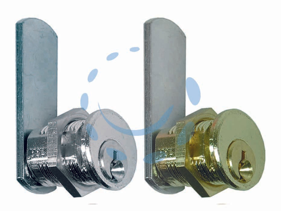 Cilindri a leva per armadietti - mm.25 - ø mm.20 - cilindro in ottone nichelato - rotazione chiave 180°, fissaggio con dado e levetta zincata applicata, con 2 chiavi