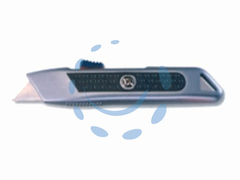 Coltello con lama trapezioidale autoretrattile - mm.150x20x40h. - corpo chiuso in alluminio, pulsante a rilascio automatico della lama con molla