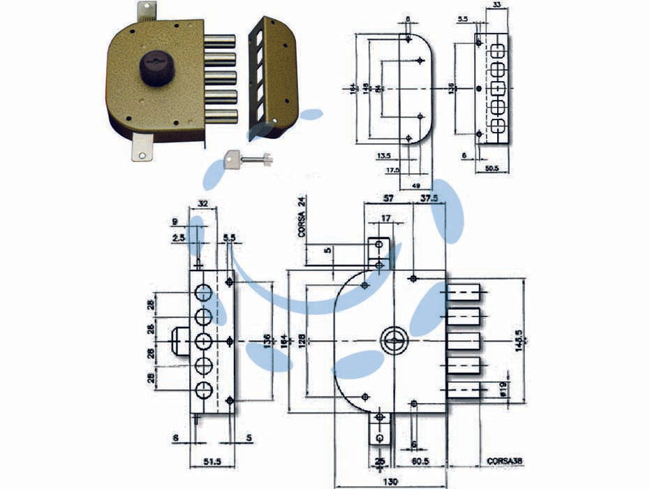 Serratura triplice da applicare senza scrocco a pompa 3200 - mm.60 DX (3200C-02) - 2  mandate, scatola in acciaio verniciato, catenacci a pistoni con interasse mm.28 in acciaio cromato, dotazione: 1 bocchet...