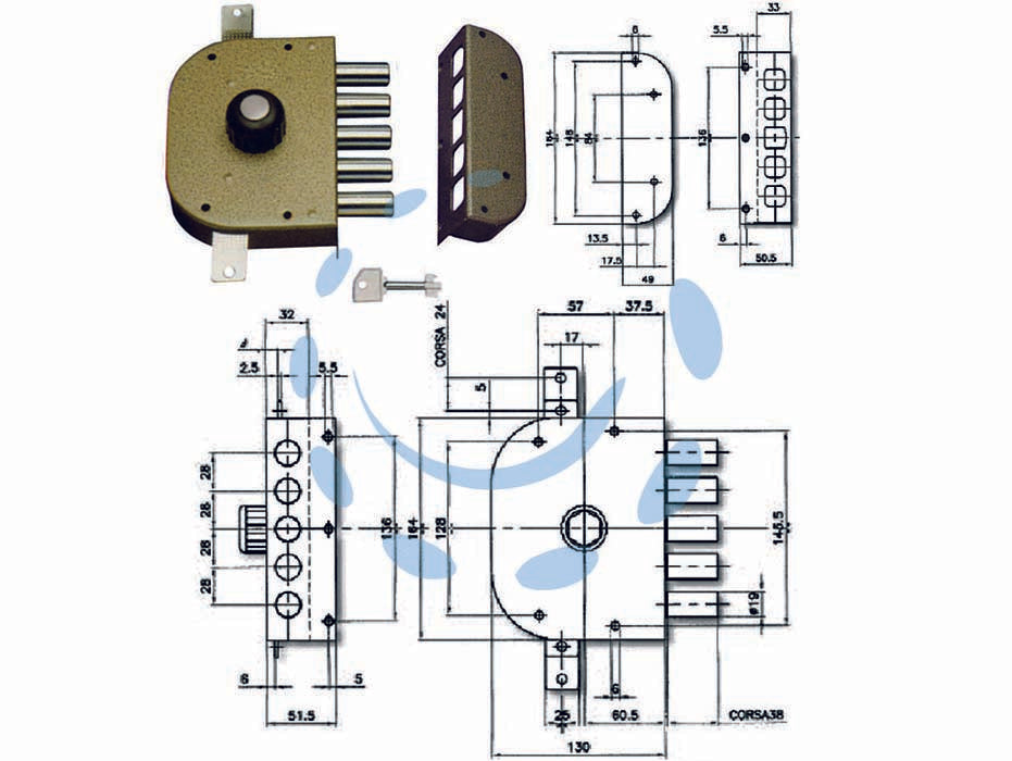 Serratura triplice da applicare con pomolo senza scrocco a pompa 3200p - mm.60 DX (3200P-02) - 2 mandate, scatola in acciaio verniciato, catenacci a pistoni con interasse mm.28 in acciaio cromato, cilindro a pompa lato...