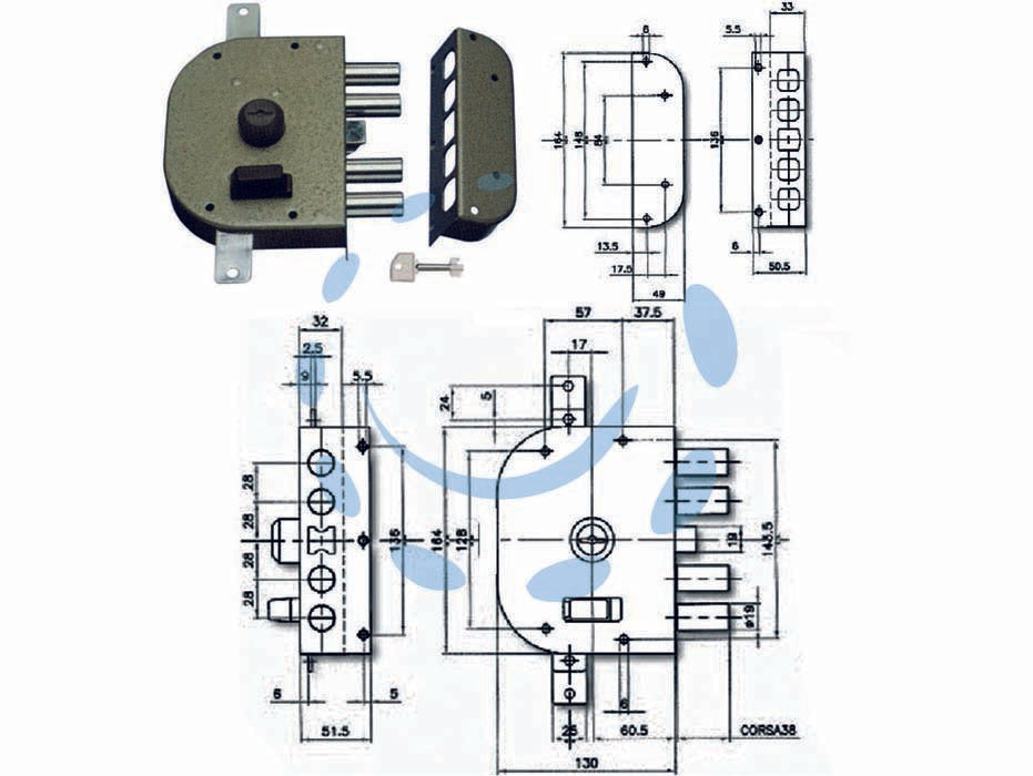 Serratura triplice da applicare con scrocco a pompa 3250 - mm.60 DX (3250C-02) - 2 mandate, scatola in acciaio verniciato, catenacci a pistoni con interasse mm.28 in acciaio cromato, dotazione: 1 bocchett...