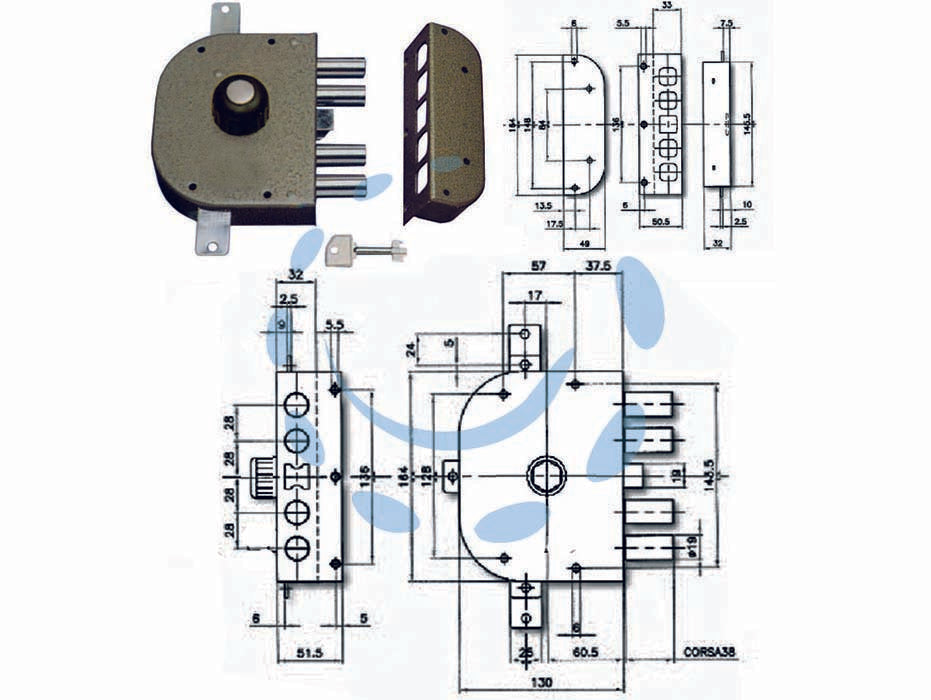 Serratura triplice da applicare con pomolo e scrocco a pompa 3250p - mm.60 DX (3250P-02) - 2 mandate, scatola in acciaio verniciato, catenacci a pistoni con interasse mm.28 in acciaio cromato, cilindro a pompa lato...