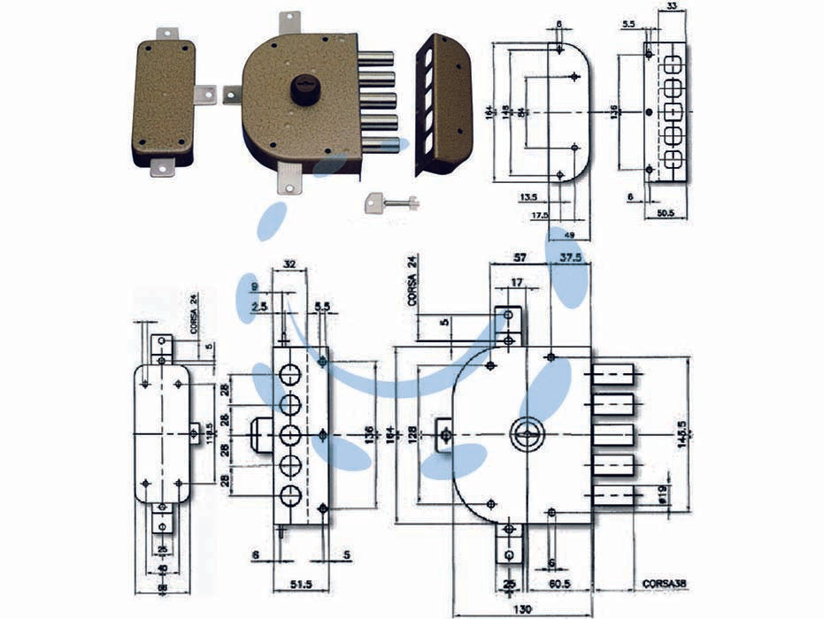 Serratura quintuplice da applicare senza scrocco a pompa 3300 - mm.60 DX (3300C-02) - 4 mandate, scatola in acciaio verniciato, catenacci a pistoni con interasse mm.28 in acciaio cromato, cilindro a pompa lato...