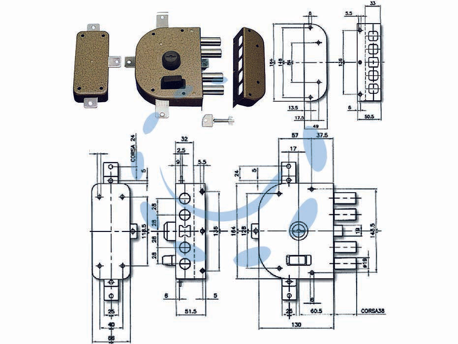 Serratura quintuplice da applicare con scrocco a pompa 3350 - mm.60 SX (3350C-52n) - 2 mandate, scatola in acciaio verniciato, catenacci a pistoni con interasse mm.28 in acciaio cromato, cilindro a pompa lato...