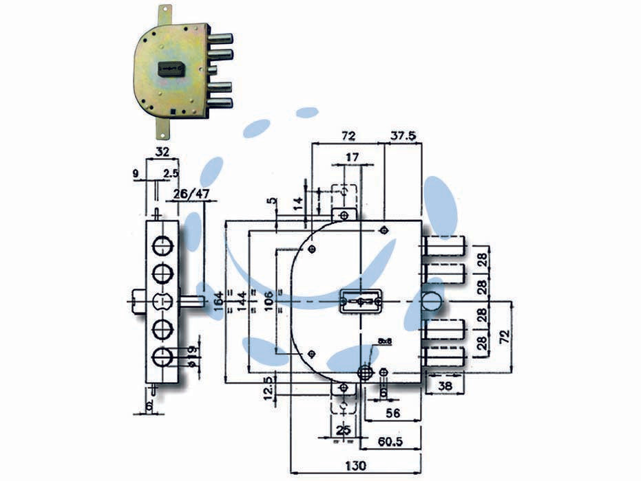 Serratura triplice applicare con scrocco doppia mappa blindate 2155 - mm.60 DX (2155-03) - scatola in acciaio zincato, catenacci e scrocco a pistoni ø mm.28 in acciaio cromato, 4 mandate, quadro maniglia, dotazione: ...