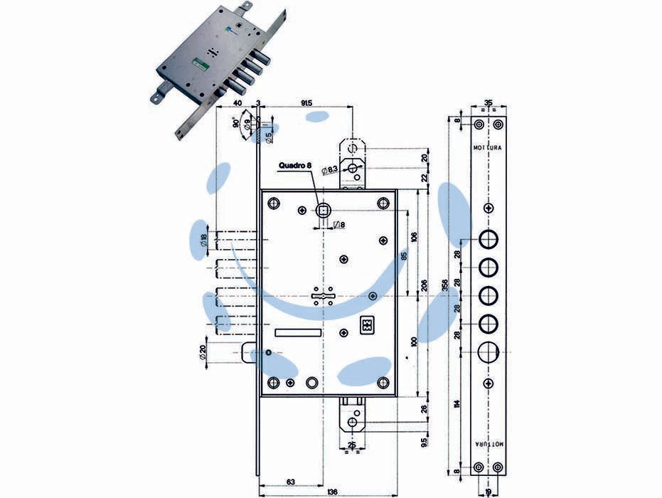 Serratura triplice infilare con scrocco doppia mappa blindate 52771/28 - mm.63 SX (52771SL28 36) - scatola mm.136x206h. in acciaio zincato, piastra mm.356x35, catenacci e scrocco a pistoni con interasse mm.28 in acciaio crom...