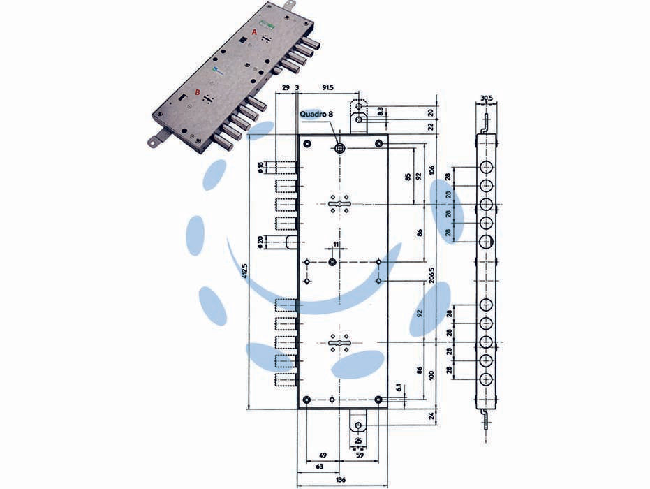 Serratura triplice applicare multif. scrocco d/mappa blindate 54574 - mm.63 DX (54574D) - scatola mm.136x412,5h. in acciaio zincato, catenacci e scrocco a pistoni con interasse mm.28 in acciaio cromato, 4 mandate, s...