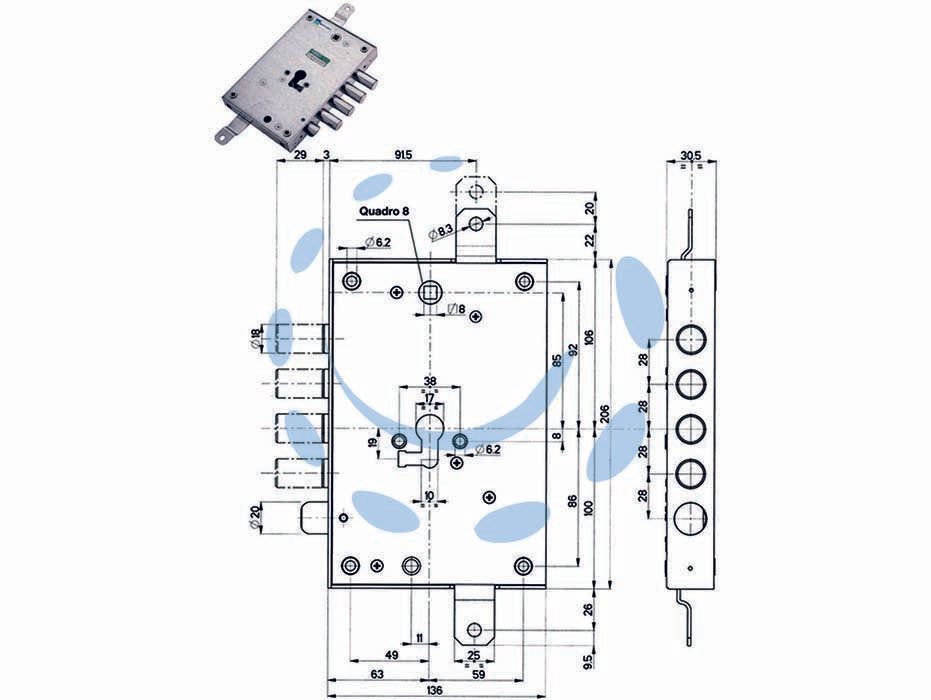 Serratura triplice applicare con scrocco cil. eur. blindate 85571/28 - mm.63 DX (85571D28N) - scatola mm.136x206h. in acciaio con rivestimento in zinco, catenacci e scrocco in acciaio nichelato, 2 mandate, quadro manigl...