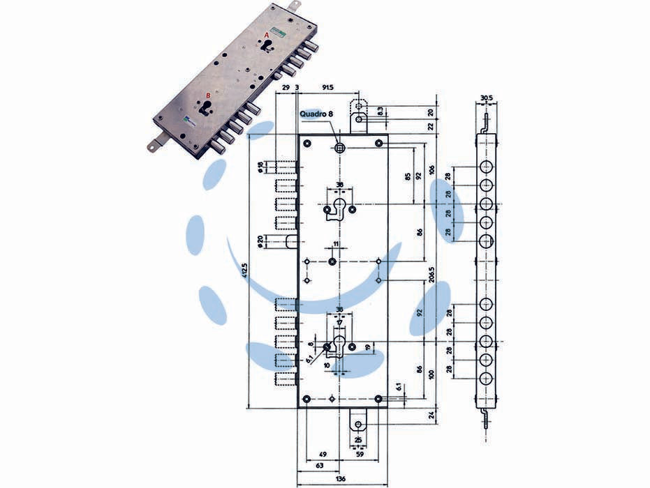 Serratura triplice applicare multif. scrocco cil. eur. blindate 85574 - mm.63 SX (85574S) - scatola mm.136x412,5h. in acciaio con rivestimento in zinco, catenacci e scrocco in acciaio nichelato, 2 mandate, quadro mani...