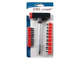 Inserti e bussole manico t in set 22 pezzi - componenti in acciaio cromato, contenuto: contenuto: 9 chiavi a bussola esagonali misure mm.5-6-7-8-9-10-11-12-13 + 11 insert...