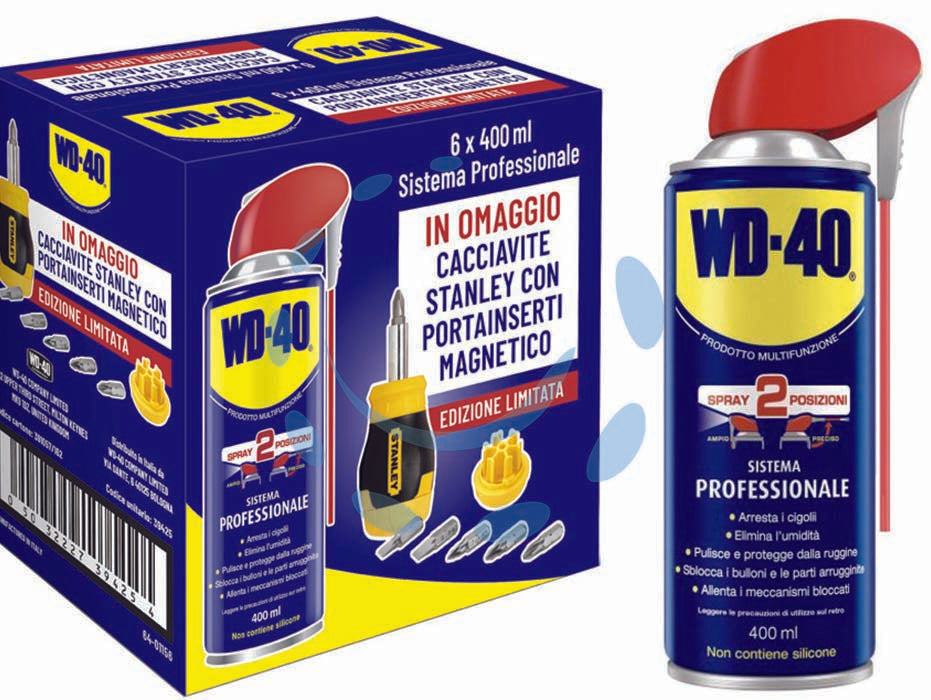 Wd-40 lubrificante spray multiuso 5 funzioni ml.400 + giravite stanley - ml.400 spray c/erogatore a doppia posizione - IDROREPELLENTE: permette il formarsi di una barriera perfetta contro l'umidità, elimina rapidamente i cortocircuiti da umidit...